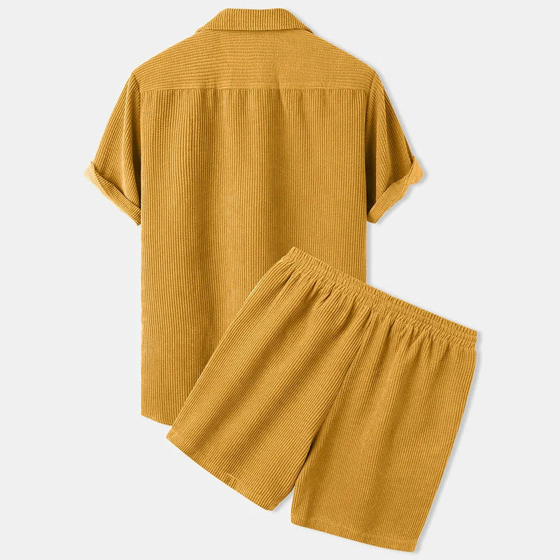 Corduroy short sleeve suit two-piece set in yellow, green, and light blue