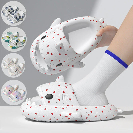 Cute shark-themed slippers with heart print design in various vibrant colors