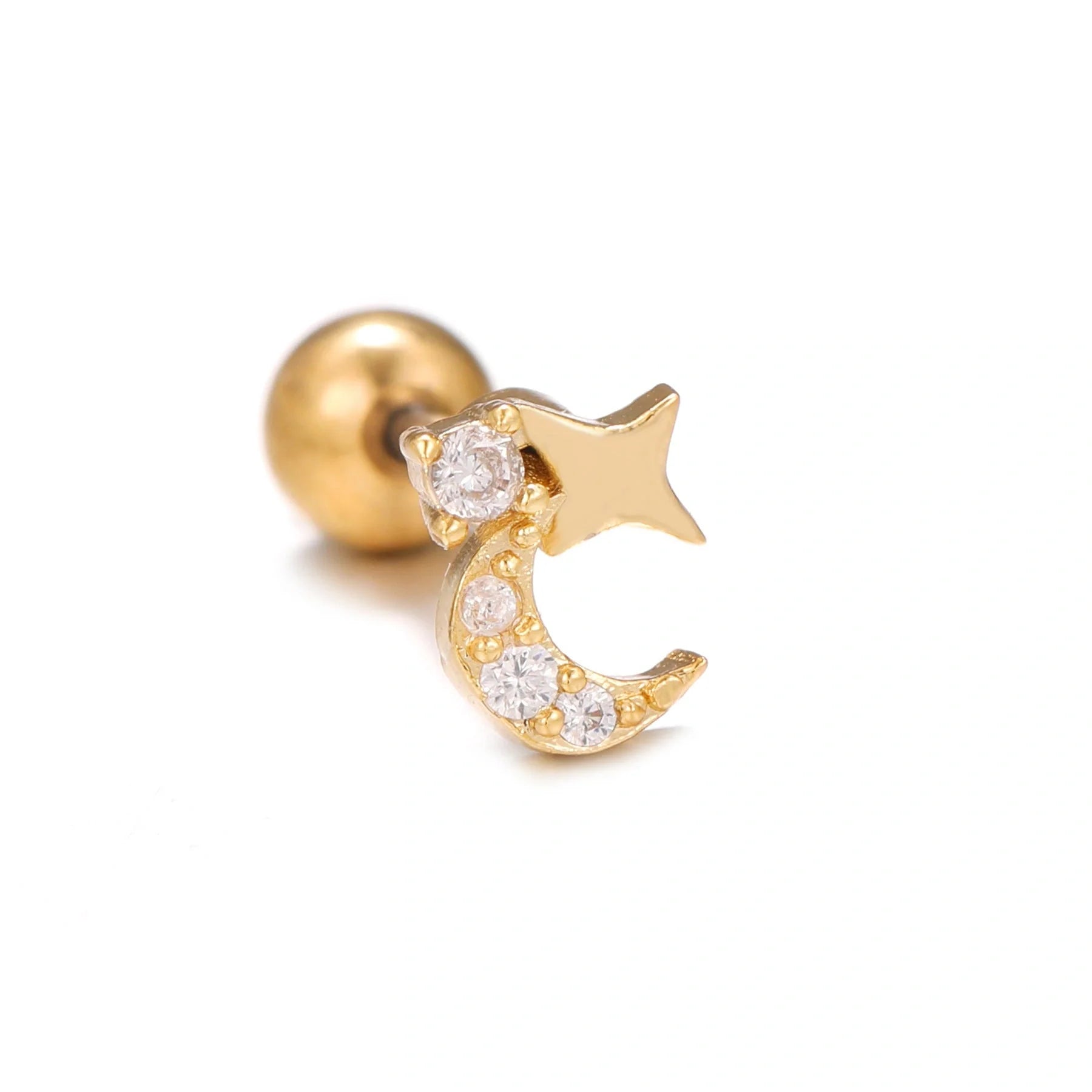 Star and Moon Cubic Zirconia Stainless Steel Cartilage Earring in gold and white K