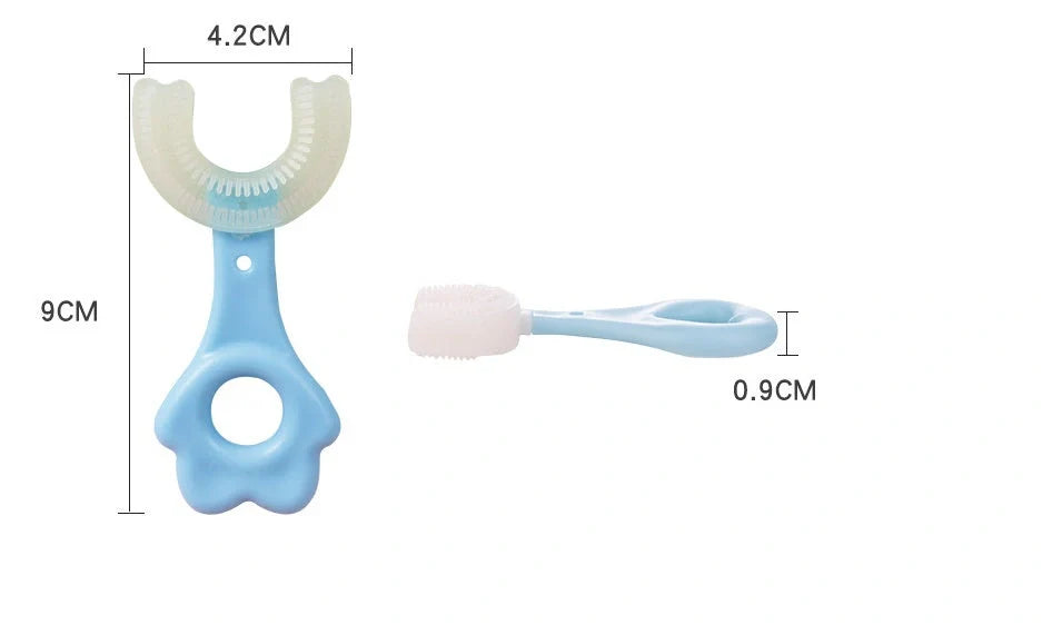 U-shaped baby toothbrush in yellow, pink, and blue, soft silicone for gentle oral care