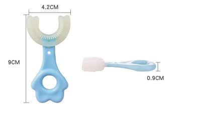 U-shaped baby toothbrush in yellow, pink, and blue, soft silicone for gentle oral care