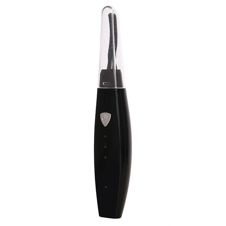 USB rechargeable electric heated eyelash curler in white, pink, black, and blue