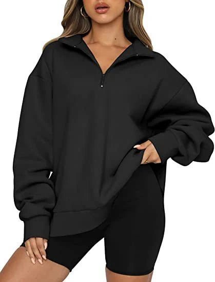 Women's zip turndown collar loose casual sweatshirt in various colours