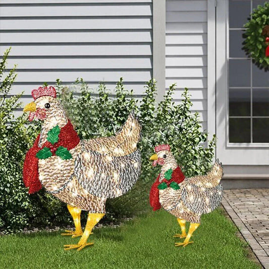 Decorated Christmas lantern with chicken design and scarf for garden decoration