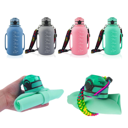 Collapsible silicone water bottle in black, green, and pink with leak-proof cap