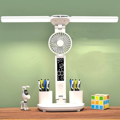Foldable LED desk lamp with fan, thermometer, and pen holder on a tidy desk
