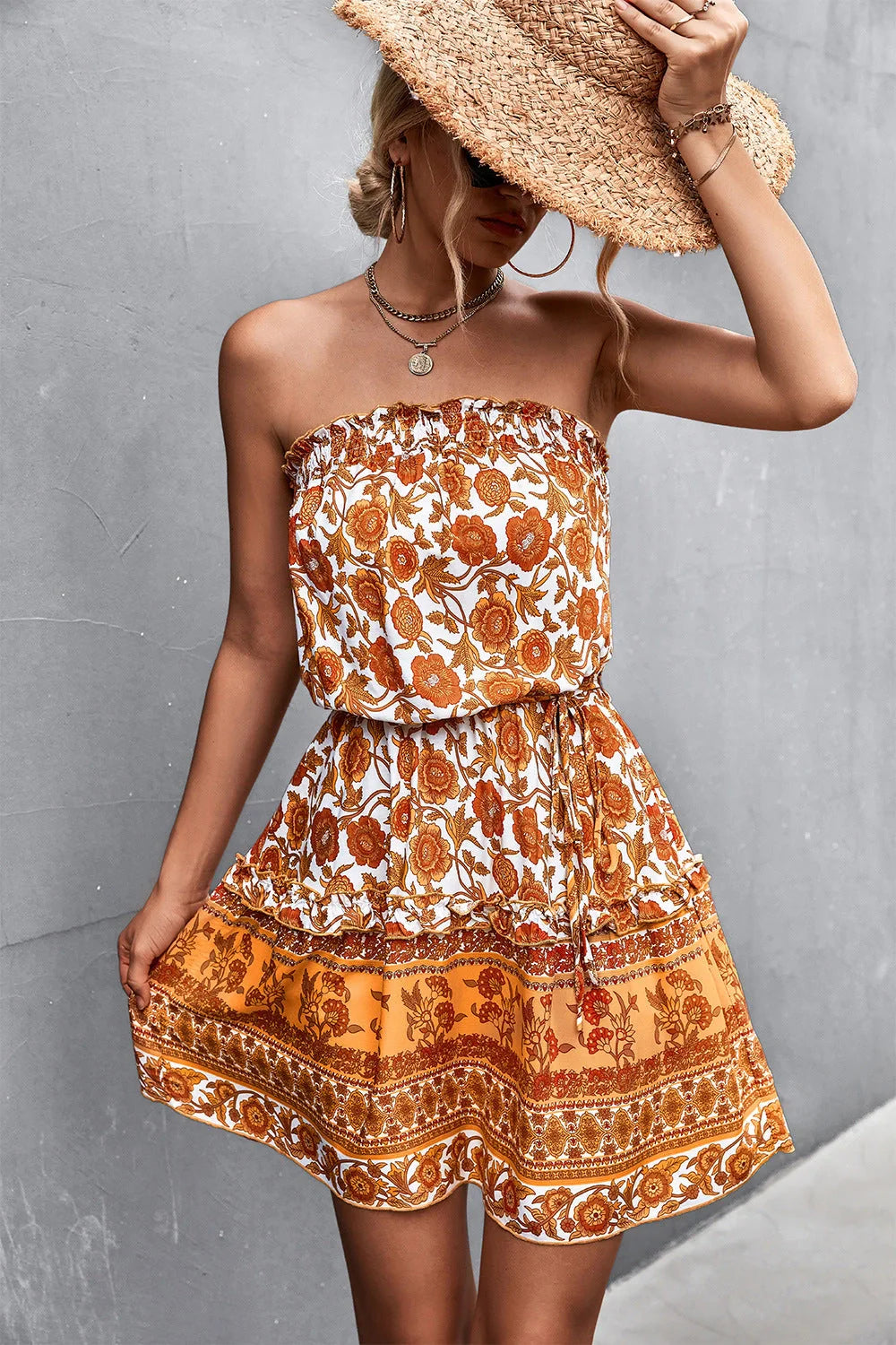 Women's Bohemian Floral Print Strapless Dress in black and orange for summer beach wear