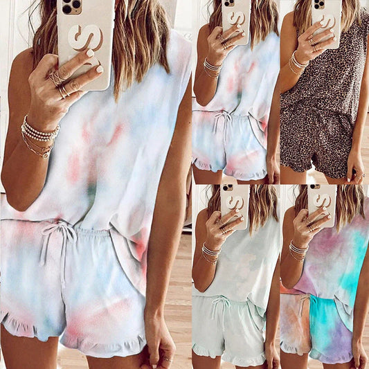 Sleeveless round neck print tie-dye suit in vibrant patterns for street style fashion