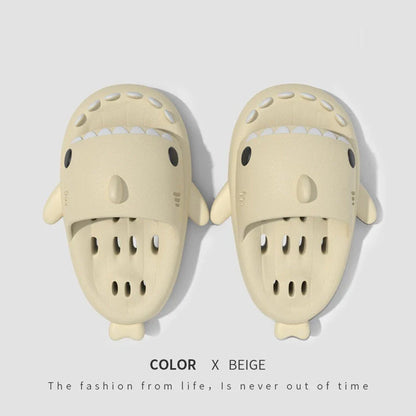 Fashionable shark-themed shower slides with drainage holes, featuring a realistic shark design, quick-drying EVA material, and non-slip traction.