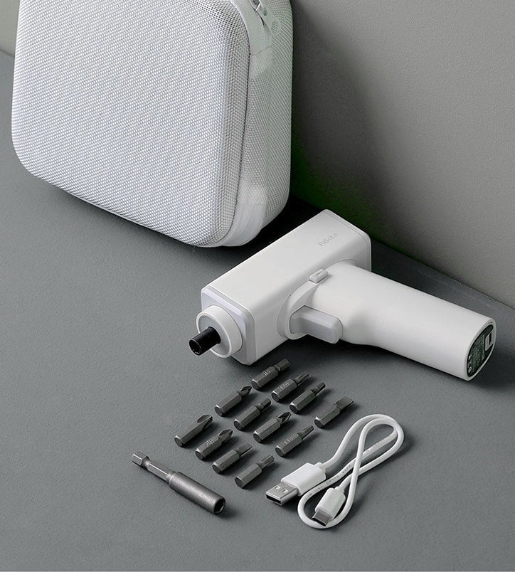 Compact white electric screwdriver with LED light and USB charging