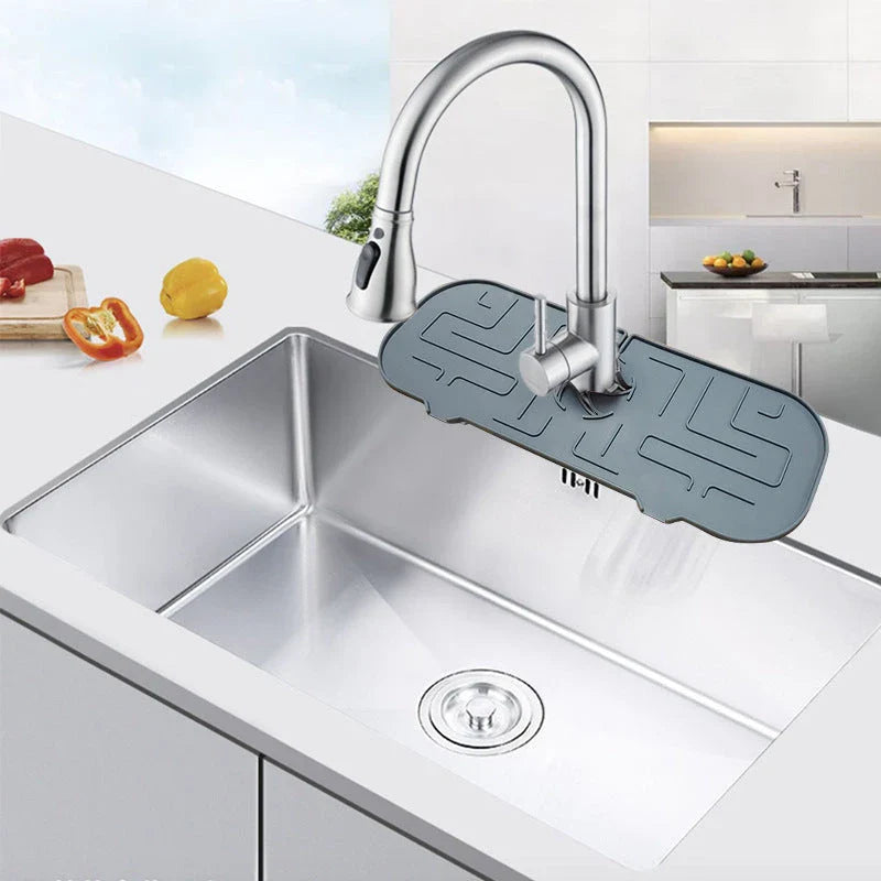 Premium silicone faucet splash guard with drainage design, protecting kitchen and bathroom countertops from water mess