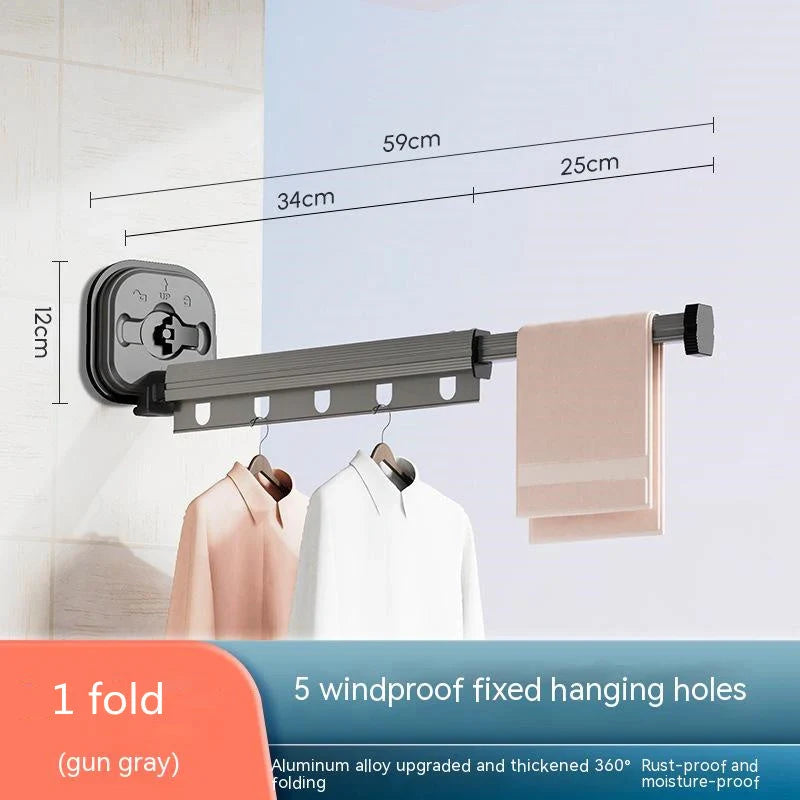 Aluminium suction cup folding clothes hanger with retractable drying rack for space-saving laundry drying