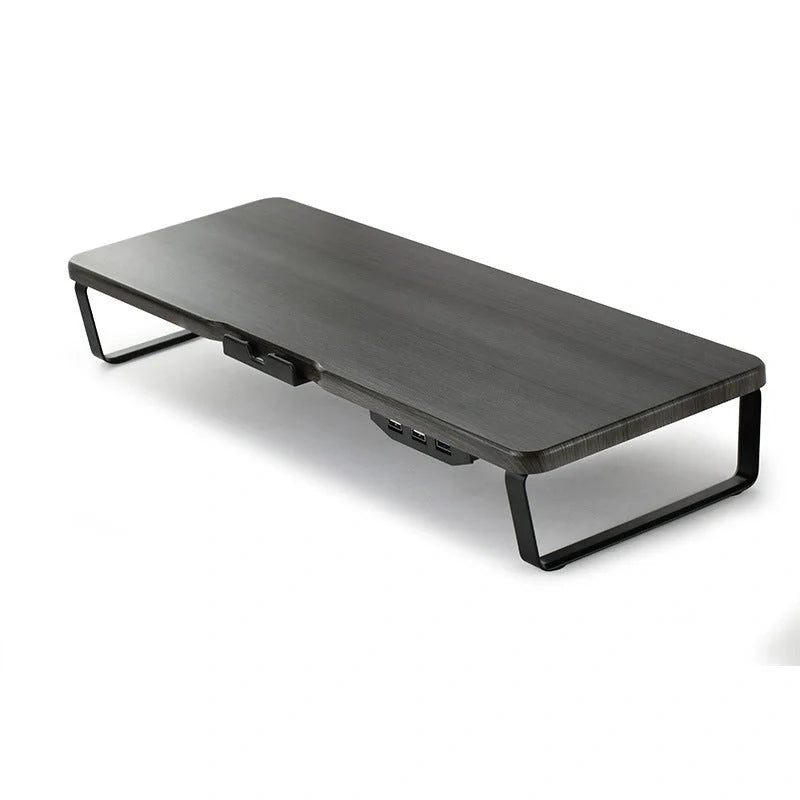 Ergonomic monitor holder riser with USB ports and cell phone holder in dark wood finish