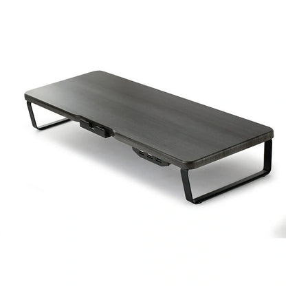 Ergonomic monitor holder riser with USB ports and cell phone holder in dark wood finish
