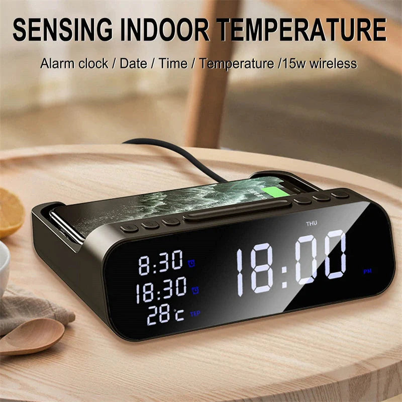 15W Three-in-one Wireless Charger with Temperature Tester and Multi Alarm Clock in black and white