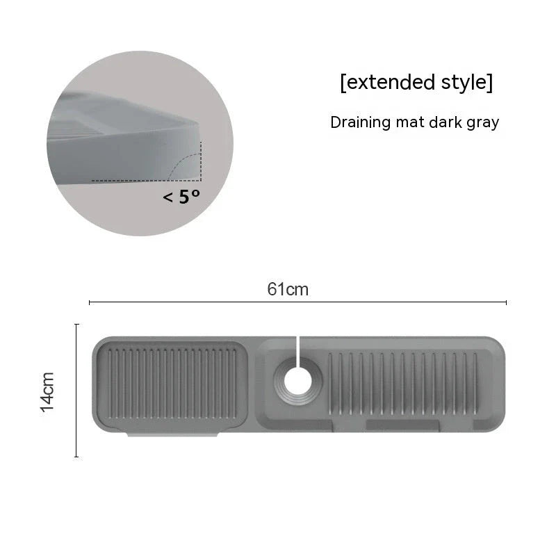 Premium silicone faucet splash guard with sloped design and dual drainage channels to prevent sink splashes and keep countertops dry.