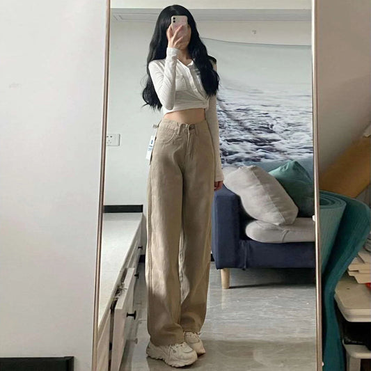 High waist wide leg jeans in khaki, retro style with button details