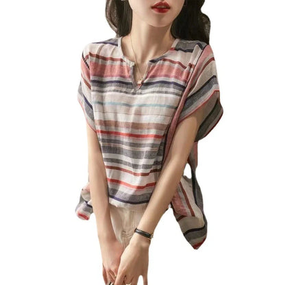 Women's striped V-neck cardigan in loose fit, available in multiple sizes