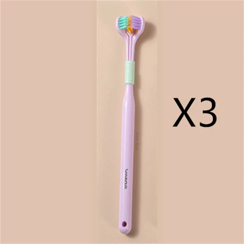 Soft bristle toothbrush with 3-sided brush head for thorough dental cleaning
