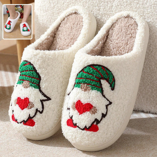 Cozy Christmas-themed slip-on slippers with a charming Santa Claus design, perfect for indoor comfort and warmth during the holiday season.