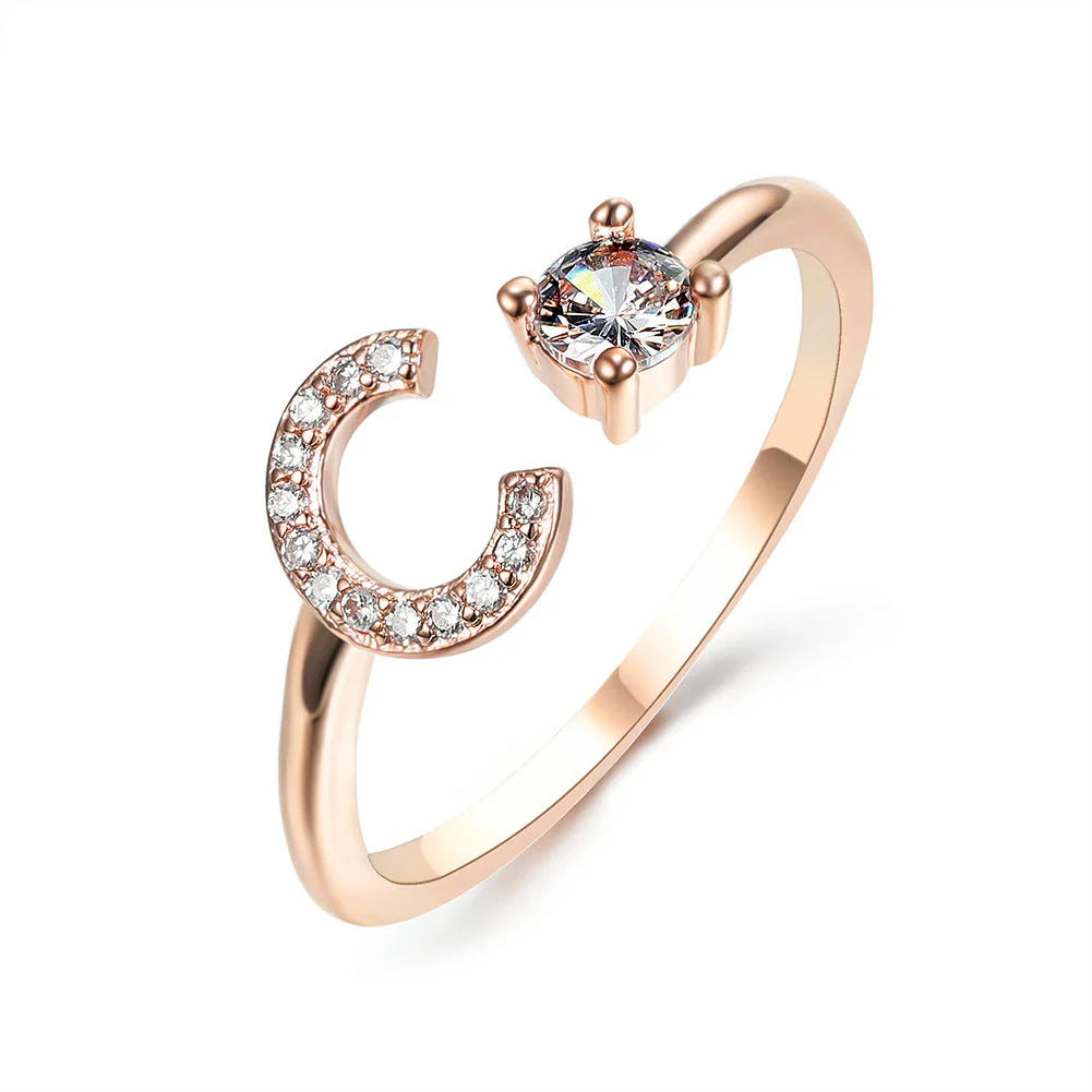 Customizable adjustable ring with 26 letters for women, featuring zircon stones and copper alloy construction