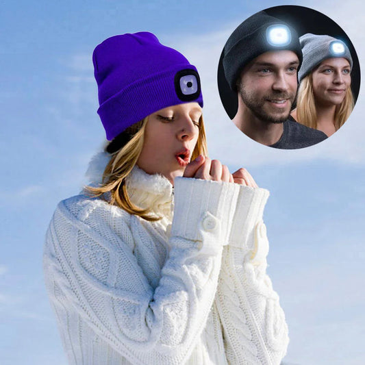 LED Knit Hat with built-in light for night visibility, made from 100% wool