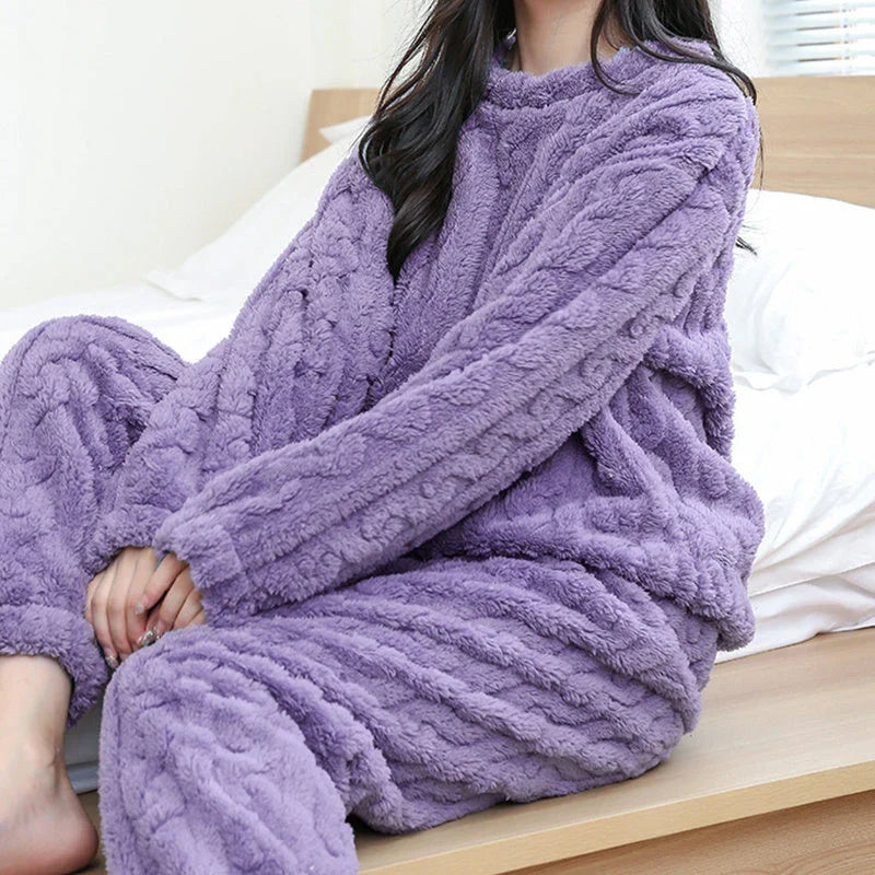 Cozy coral velvet pajama set with long sleeves and drawstring trousers for indoor and outdoor casual wear