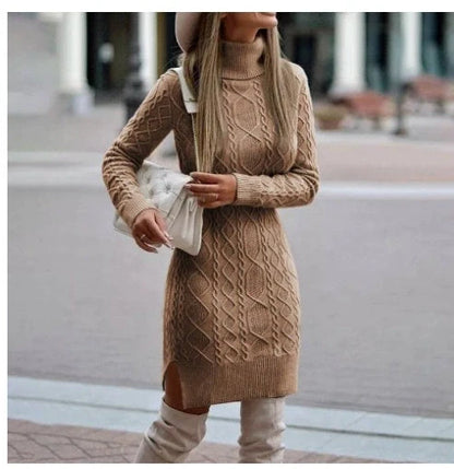 Stylish women's turtleneck knitted dress with slit design for winter warmth