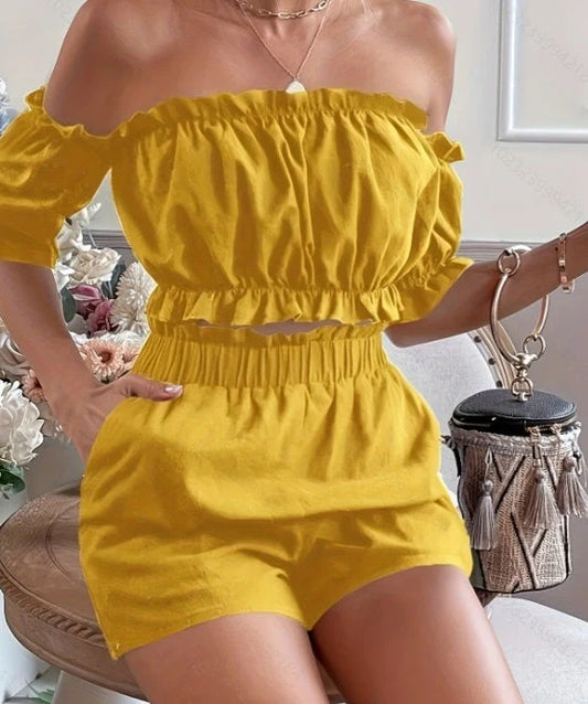 A stylish and comfortable ladies' shorts set with short sleeves, available in yellow and blue colors and a range of sizes.