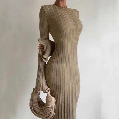 Slim long-sleeved ruffled maxi dress in khaki, black, or white with backless design