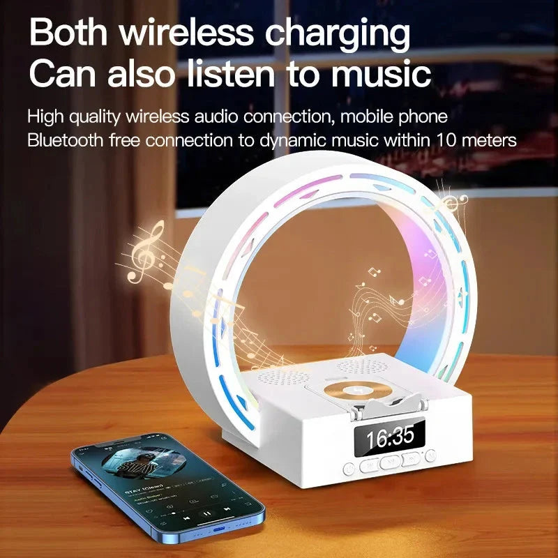 4-in-1 Wireless Bluetooth Speaker with charging pad and alarm clock in white and black