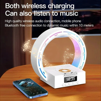 4-in-1 Wireless Bluetooth Speaker with charging pad and alarm clock in white and black