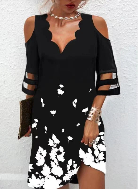 Women's summer chiffon dress with V-neck and mesh stitching in white and black