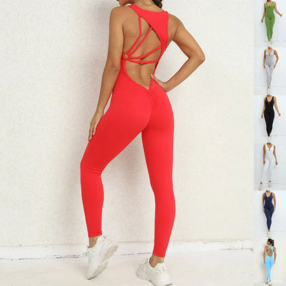 Premium yoga jumpsuit with sleek V-shaped back design, available in a variety of vibrant colors for active lifestyles.
