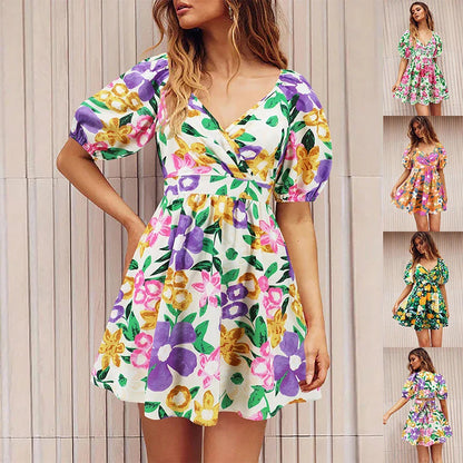 Stylish floral dress with V-neck and lantern sleeves, perfect for summer vacations and warm-weather occasions