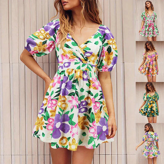 Stylish floral dress with V-neck and lantern sleeves, perfect for summer vacations and warm-weather occasions