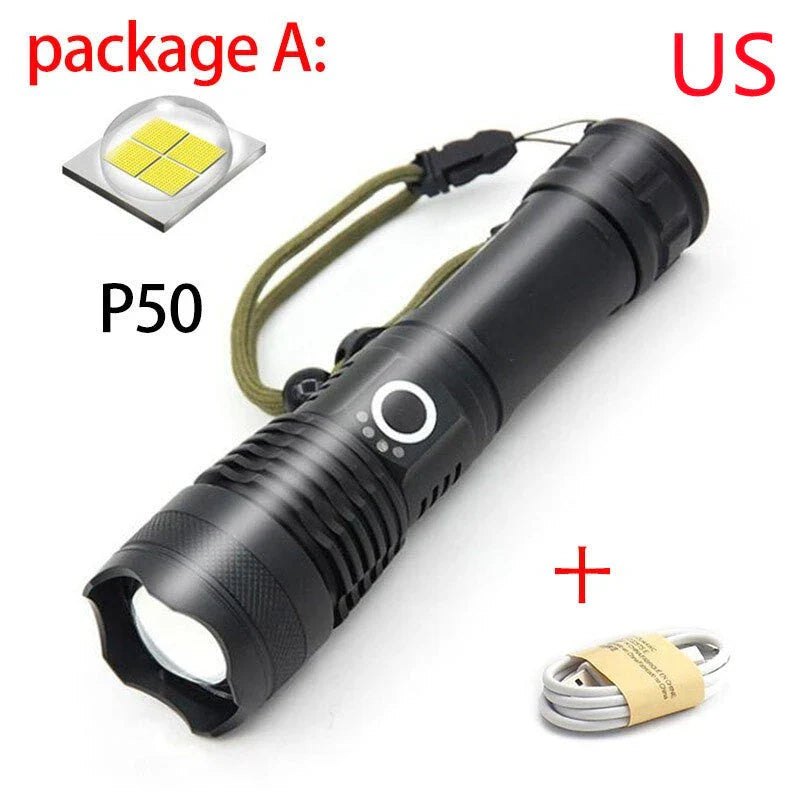 A durable, waterproof USB rechargeable flashlight with adjustable zoom and powerful LED light.