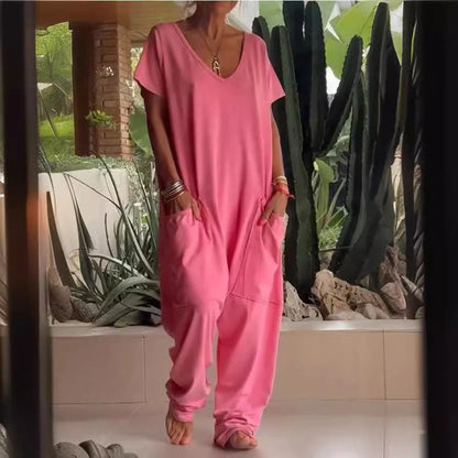 V-neck oversized pocket jumpsuit in solid colours for street fashion