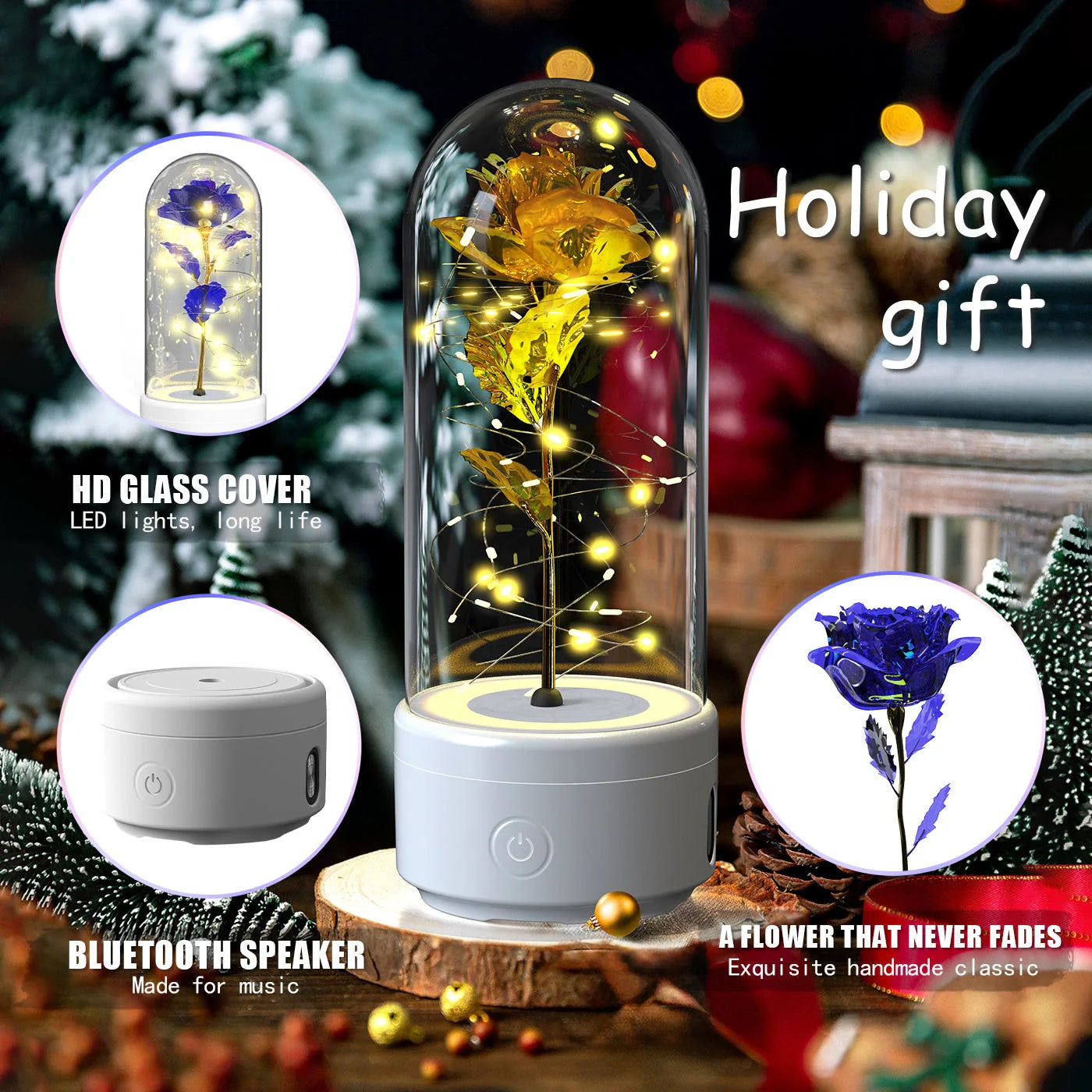 Elegant LED rose light with Bluetooth speaker in glass cover