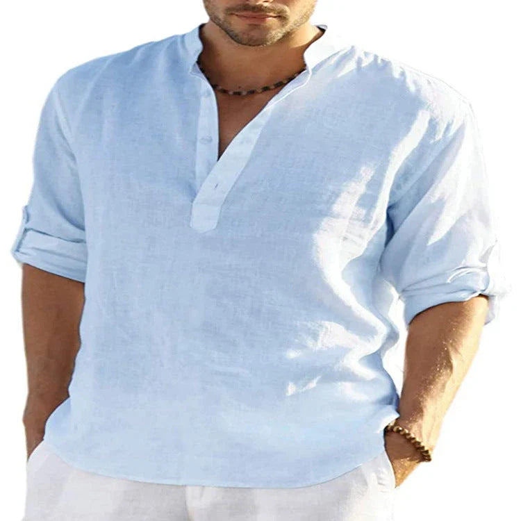 A stylish linen-blend men's casual shirt with a stand collar, button-down closure, and slim tailored fit