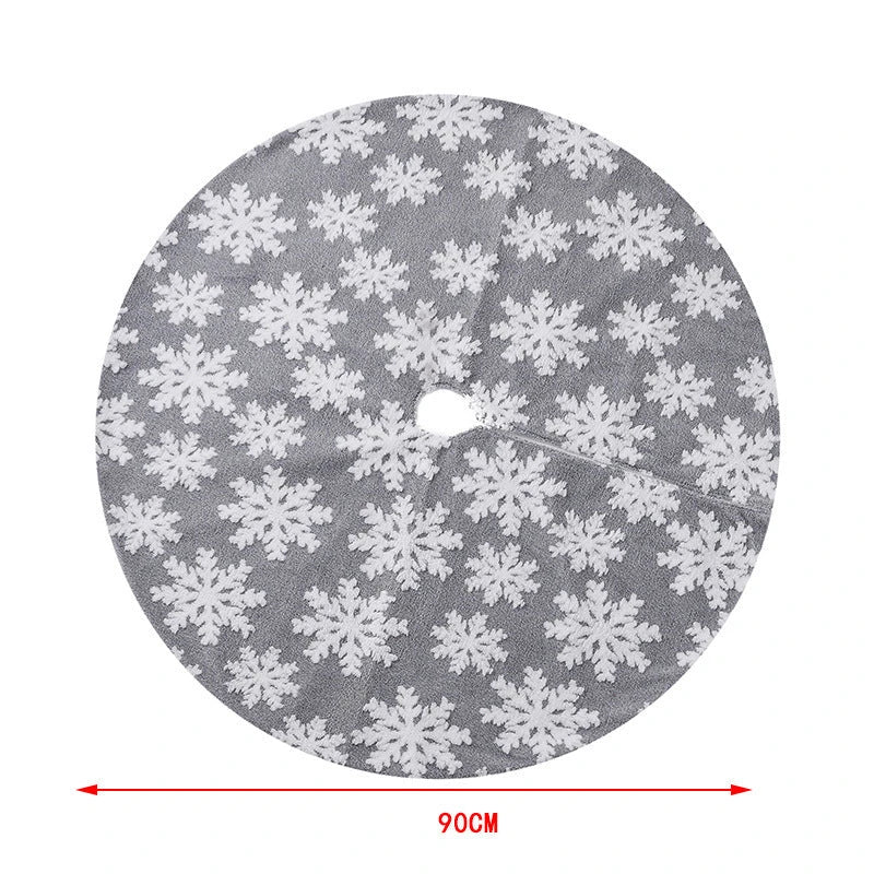 Soft, plush Christmas tree carpet skirt in red and grey, adding festive charm to a living room