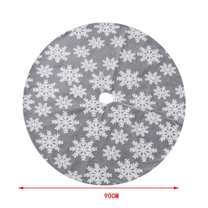 Soft, plush Christmas tree carpet skirt in red and grey, adding festive charm to a living room