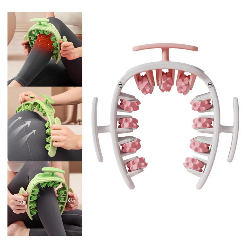 Manual round massager with 11 wheels for waist, buttocks, and thigh relief in white pink, white green, or green
