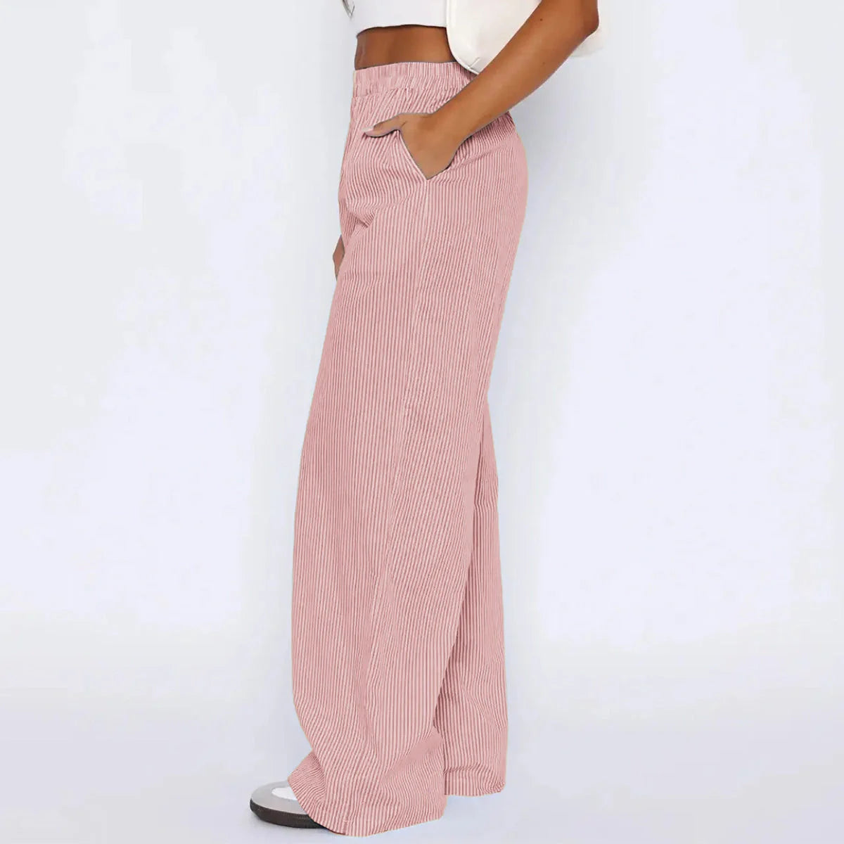 Women's wide-leg striped trousers with pockets in multiple colours