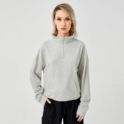Women's pullover sweatshirt in white, grey, and brown, available in sizes S to XL