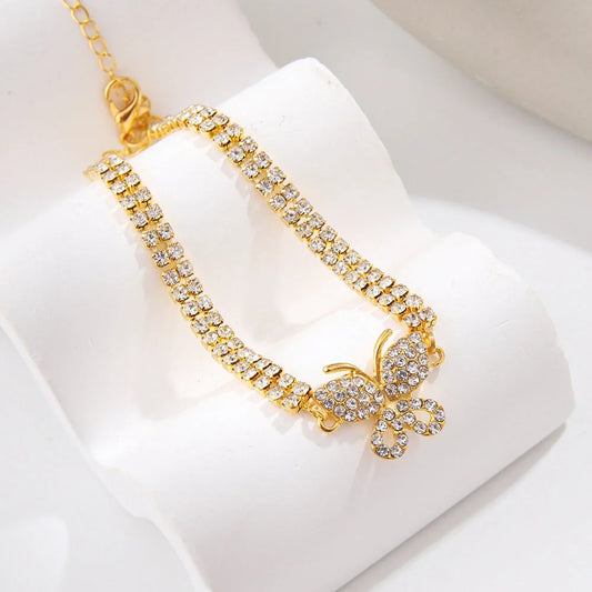 Butterfly Anklet with alloy inlaid gemstones in gold and silver for women