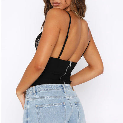 Stylish women's sleeveless lace camisole with back zip closure, available in white and black colors.