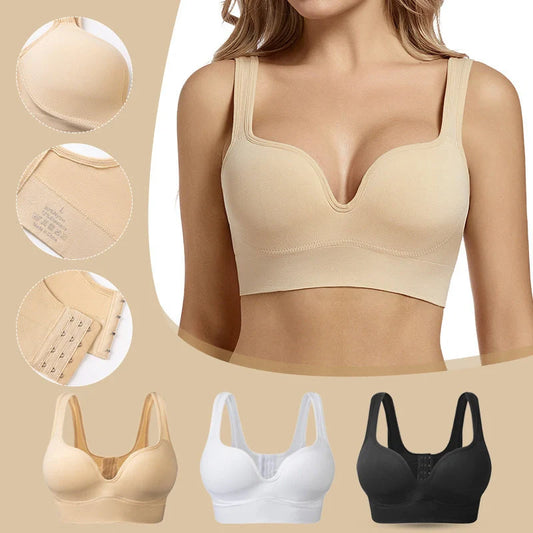 Back Button Up Bra with wide white straps in white, black, and apricot