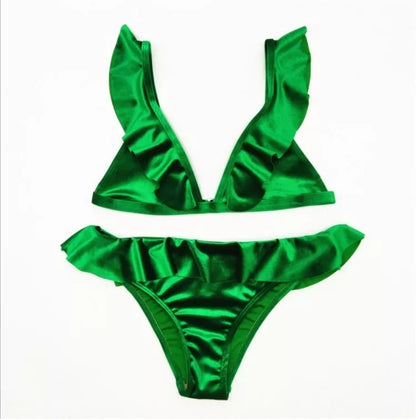Women's Ice Velvet Ruffle Bikini Set in various colours with chest pad