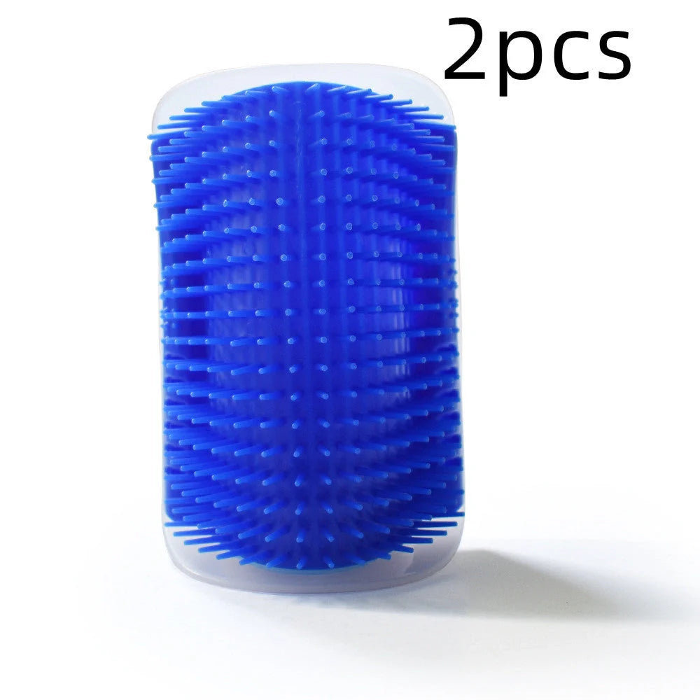 A cat grooming brush made of high-quality plastic, designed with a corner for your cat to rub its face and enjoy a self-massage.